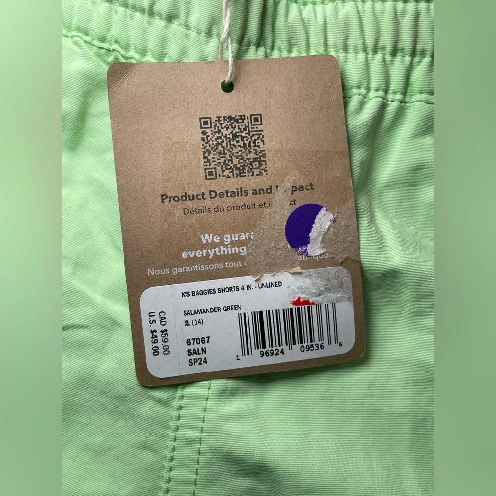 NWT Patagonia Salamander Green Kids Baggies Shorts 4” unlined